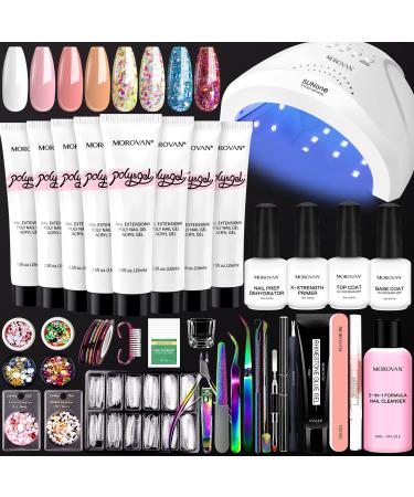 Morovan Poly Nail gel Kit - 8 pcs Nail Extension Gel 0.5oz with 48W UV LED Nail Lamp Slip Solution Nail Primer Nail Rhinestones Gems Manicure tools All in one Nail Art Supplies Poly Gel Nail Kit