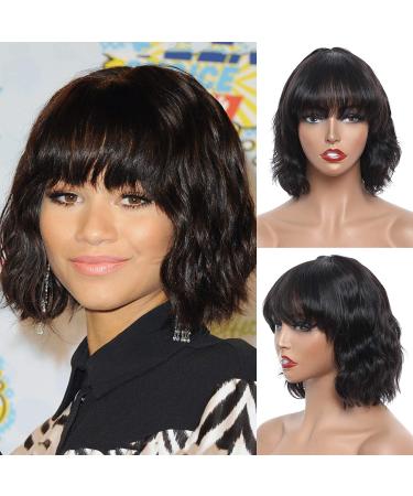 MISNEY Wavy Human Hair Bob Wigs with Bangs 10 Inch Short Human Hair Wigs with Bangs for Black Women 130% Density Machine Made Bob Wigs Glueless None Lace Front Wigs Natural Color