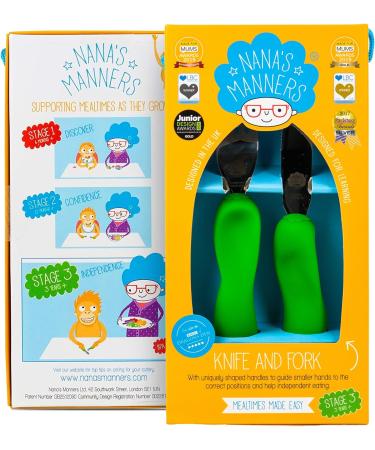 Nana's Manners Stage 3 Cutlery Set- Children's Knife & Fork for Self-Feeding- Ages 3 & Up- Silicone Handles- Non-BPA- Borneo Green - Buy Online on GoSupps.com