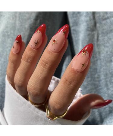 BABALAL French Tip Press on Nails Medium Almond Fake Nails Red Glue on Nails Rhinestone Acrylic Nails 24Pcs Glossy Stiletto Manicure Artificial False Nails Press on FNW14