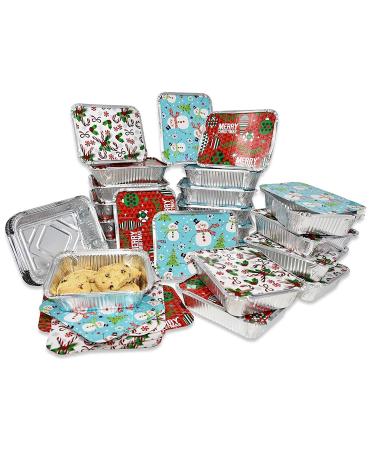 Gift Boutique 36 Count Christmas Tin Foil Containers with Lid Covers For Cookies in 3 Holiday Designs Aluminum Disposable Food Storage Pans For Treat Exchange & Goody Party Leftovers 5"W X 7"L X 1.5"