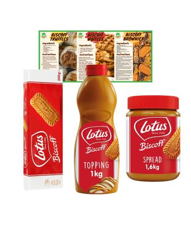 Breakfast and Dessert Bundle Includes Biscoff Topping Sauce (1kg) Spread (1.6kg) and Biscuits (250g) with Go2 Groceries Recipe Cards Biscoff Topping Sauce Spread & Biscuits