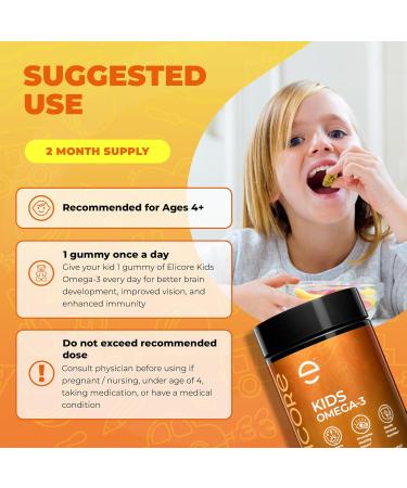 ELICORE Kids Omega 3 Gummies DHA & EPA Fish Oil Supplement for Brain, Vision & Immune Health - Non-GMO, Gluten-Free Orange Flavor Chewable Omega 3 for Kids Gummy 4+ - 60 Count - Buy Online on GoSupps.com