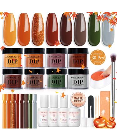 AZUREBEAUTY Dip Nails Powder Starter Kit Maple Grey Sage Green Dark 8 Colors Set with Nail Sticks Fall Nail Art Base Glossy/Matte Top Coat Activator Essential Liquid Manicure DIY Salon 30 PCS Amber Glitter