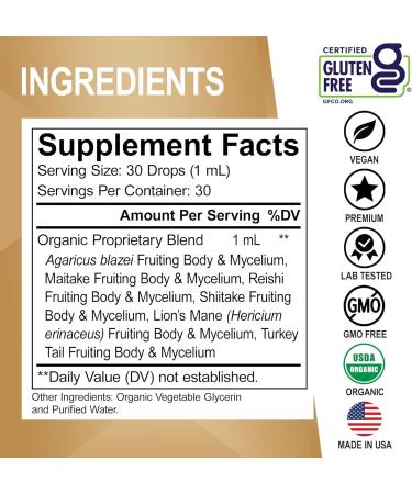 Organic Lions Mane Mushroom Complex - Mushroom Supplement Liquid Drops Tincture for Focus Fog Brain Health Supplements - Vegan Herbal Organic Lion's Mane Mushrooms Reishi Turkey Tail Extract 1oz - Buy Online on GoSupps.com