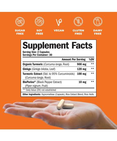 Turmeric Curcumin Ginkgo Biloba with BioPerine - Herbal Supplement for Focus, Memory, Brain Function & Joint Support - 60 Vegan Capsules - Buy Online on GoSupps.com