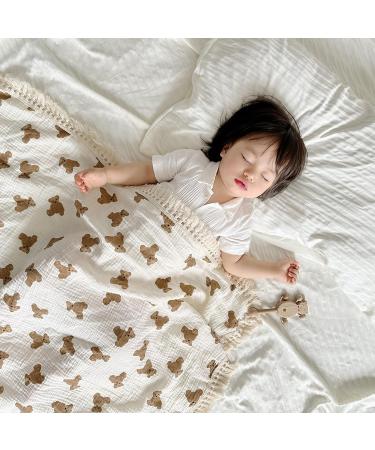 Yissone Baby Swaddle Blanket - Toddler Bear Print Dual Layer Cotton Yarn Stroller Blanket (90x130cm) with Tassel - Buy Online on GoSupps.com