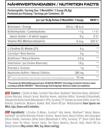 V8 Total Energy Pre Workout Booster | Vegan Sugar-Free Natural Caffeine | 20 Portions | Carnosyn & Betapower | Made in Germany - Blue Raspberry - Buy Online on GoSupps.com