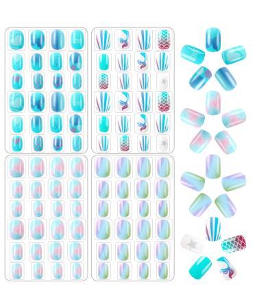 96 pieces girls on pressing nails full cover short fingernails Artificial nail tips for children false fingernails children nail art decoration (blue theme) - Buy Online on GoSupps.com