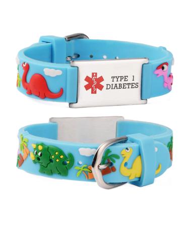 LinnaLove Cartoon Medical Alert id Bracelets Parents Gift to Son, Daughter, Brother, Sister-Dinosaur Blue type 1 diabetes
