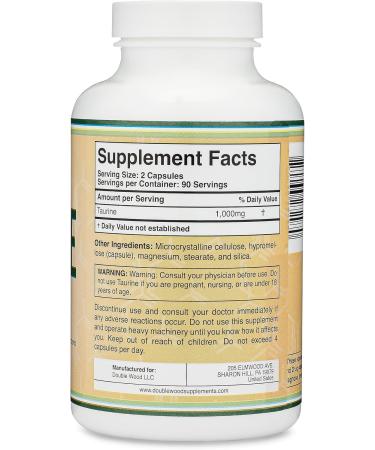 Taurine Supplement 1000mg Per Serving 180 Capsules - Amino Acid Studied to Support a Longer Healthier Life (Taurina) Vegan Safe Gluten Free Non-GMO by Double Wood - Buy Online on GoSupps.com
