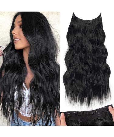 KooKaStyle Invisible Wire Hair Extensions with Transparent Wire Adjustable Size 4 Secure Clips Long Wavy Secret Hairpiece (24 Inch, Black) 24 Inch Black - Buy Online on GoSupps.com