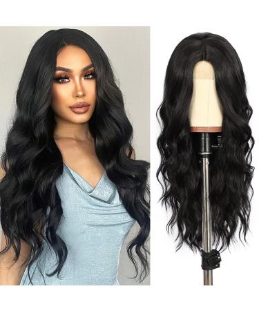 Wigoddess Long Black Wavy Wigs Synthetic Lace Front Wigs for Black Women Middle Part Long Wavy Black 150% Density Wigs Natural Looking Realistic Synthetic Heat Resistant Fiber Wig for Daily Party Use 26 Inch 26 Inch Natu...