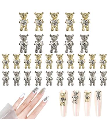 Bear Nail Charms 30PCS Shiny Alloy Bear Nail Art Decoration with Heart Rhinestones 3D Gold Silver Alloy Nail Charms for Manicure Design DIY Ornaments Crafts Accessories