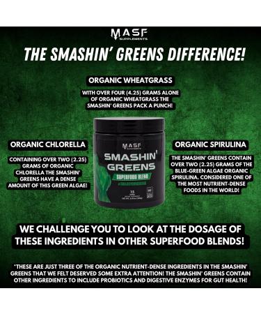 MASF Supplements Smashin' Greens Superfood Organic Blend - 15 Servings - Boost Energy Immune Support Digestive Health with Organic Wheat Grass Spirulina Chlorella - NSF Certified - Buy Online on GoSupps.com
