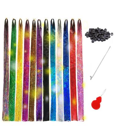 Tototoo Hair Tinsel 3000 Strands With Tools 44 Inch 12 Colors Fairy Hair Heat Resistant Glitter Hair Tinsel Strands Kit Sparkling Shiny Hair Extensions (12 Colors/3000 Strands)
