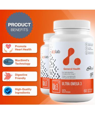 ATP LAB - Ultra Omega 3 60 Softgels - Very High Absorption Monoglyceride Omega-3 Fatty Acid Supplements - MaxSimil Fish Oil Omega 3 Supplements to Lower Cholesterol - Cardiovascular Health - Buy Online on GoSupps.com