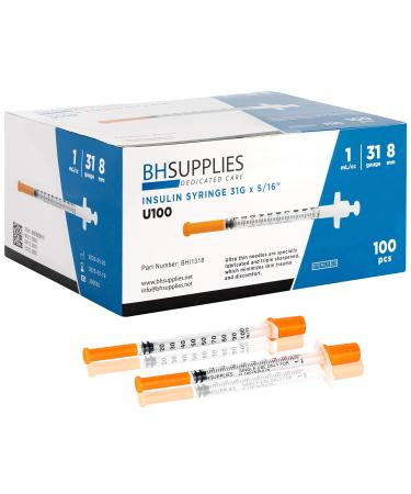 BH Supplies Insulin Syringes U-100 31G 1ml/cc 5/16" (8mm) Pack of 100 Pcs