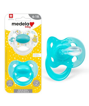 Medela Baby Pacifier | 6-18 Months | BPA-Free | Lightweight & Orthodontic | 2-Pack | Turquoise Blue and White with Baby Animals