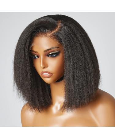 LUVME HAIR 4C Kinky Edges Lace Front Bob Wig 10 Inch Short Kinky Straight Human Hair Wig Glueless Deep Side Parted Lace Bob Wig with Natural Hairline For Women 10 Inch Kinky Straight