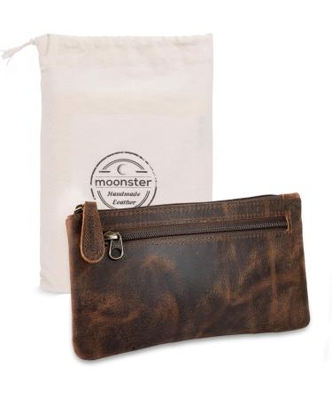 Moonster Leather Pencil Case Beautifully Handcrafted Zippered Pouch That s Made To Last - Elegant Practical Pencil Cases for Adults & Students - Unique 8" x 4" Design with Side Pocket & Keyring Dark Brown - Buy Online on GoSupps.com