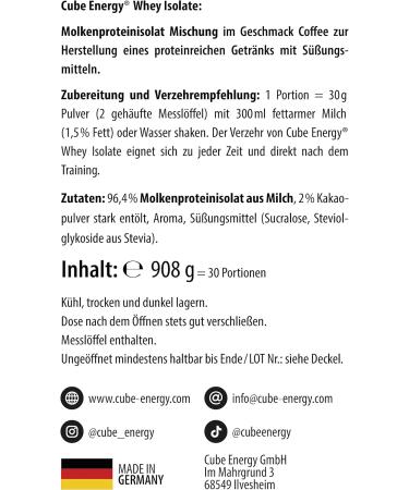 Cube Energy Whey Isolate 908g - Coffee Flavor | 25g Protein per Serving | Premium German Protein Powder | 30 Portions per Can - Buy Online on GoSupps.com