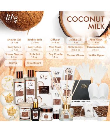 Coconut Milk Spa Gift Basket for Women - 18pc Bath Set with Bombs, Bubble Bath, Shower Gel, Scrub & More - Buy Online on GoSupps.com