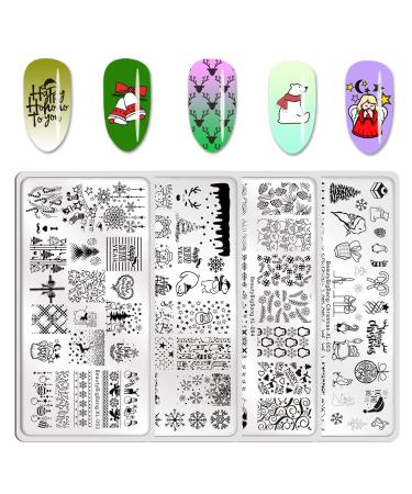BEAUTYBIGBANG 4Pack Christmas Nail Stamping Plate | Snowflake Santa Reindeer Tree Winter Image Plate Nail Art Design Stamp Kit Manicure Template Set New Year Gift Christmas New(rectangle)