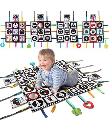 teytoy Tummy Time Floor Mirror, Double High Contrast Play and Pat Activity Mat Black and White Baby Crinkle Toys with Teether, Great Gift for Infants Boys and Girls -Pack of 4 Simple Patterns