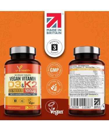 Vegan Vitamin D3 K2 Tablets High Strength & Coconut Oil for Absorbtion - Vitamin D 2000iu & Vitamin K2 Mk7 100mcg Plant Based Supplement for Immune System Bones Blood Calcium Levels Made in The UK - Buy Online on GoSupps.com