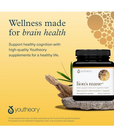 Youtheory Lion's Mane Plus - Mushroom Supplement with Cognizin - Offers Focus & Brain Support* - 60 Vegetarian Capsules 60 Count (Pack of 1) - Buy Online on GoSupps.com