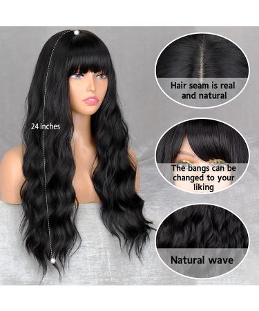 MERISIHAIR 24 Long Black Synthetic Wavy Wig with Bangs for Women - Heat Resistant, Cosplay Selena Style - Buy Online on GoSupps.com