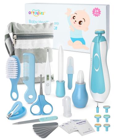 OTTOLIVES Baby Healthcare and Grooming Kit  24 in 1 Baby Electric Nail Trimmer Set Newborn Nursery Health Care Set for Newborn Infant Toddlers Baby Boys Girls Kids Haircut Tools (0-3 Years+) (Blue)