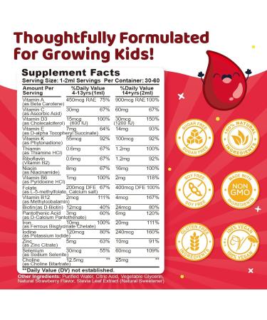 Liquid Iron Supplement for Kids Kids Multivitamin with Iron Drops with Zinc Vitamin B Complex Folate - Support Blood Builder & Energy Iron Deficiency for Women Men Vegan Strawberry 2 Fl Oz - Buy Online on GoSupps.com