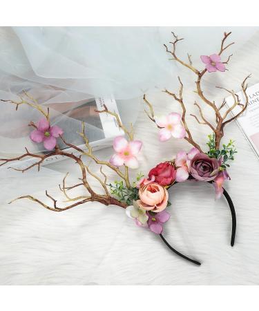 FRESHME Fairy Flower Antlers Crown Headband - Handmade Pink Floral Reindeer Hair Accessory for Women and Girls - Buy Online on GoSupps.com