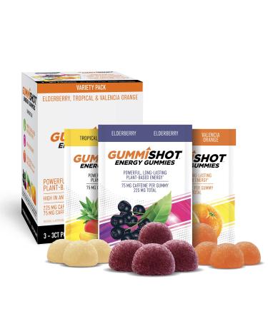 GummiShot Energy Gummies, 225 mg of Plant-Based Caffeine Chews per Pouch, Long Lasting Energy Boosters, Variety (3-Pack) Variety Pack 3ct (9 Gummies)