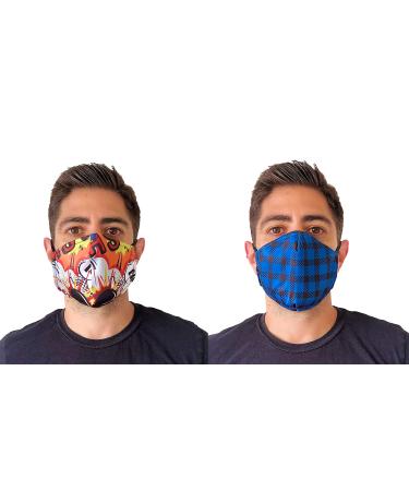 FACE MASK ADJUSTABLE REUSABLE DOUBLE LAYER WITH FILTER POCKET (PACK OF 2) (COMIC STRIP & NAVY BUFFALO CHECK)