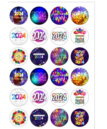 24 Pre-Cut Bright Colourful New Year 2024 Themed Edible Wafer Paper Cake Toppers Decorations