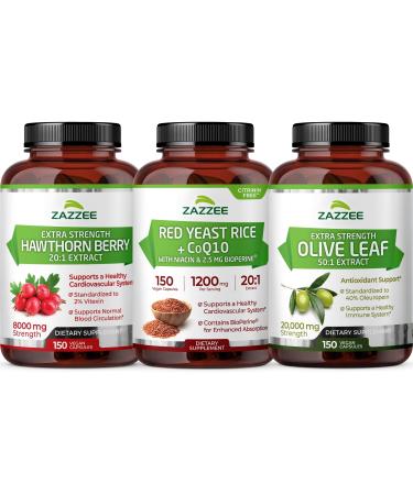Zazzee Ultimate CardioVascu Support Bundle | Red Yeast Rice with CoQ10 Plus 50x Concentrated Olive Leaf Extract & 20:1 Extra Strength Hawthorn Berry Capsules | Non-GMO Vegan & ISO Lab Tested