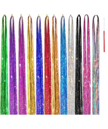 Hair Tinsel Kit 12 Colors 48 Inch 2600 Strands Hair Tinsel Strands Kit With Tools, Fairy Hair Tinsel Heat Resistant Safe hair glitter Tinsel Hair Extensions (12Colors, 2600 Strands) 12Colors 2600 Pieces