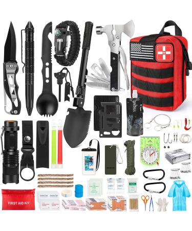 235Pcs Emergency Survival Kit and First Aid Kit Professional Survival Gear Tool with IFAK Molle System Compatible Bag, Gift for Men Camping Outdoor Adventure Boat Hunting Hiking Home Car & Earthquake Red