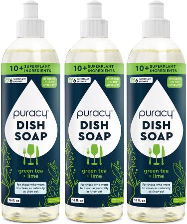 Puracy Dish Soap, Green Tea & Lime, Care for Your Dishes and Your Hands, 99.96% Plant-Based, Natural Liquid Dishwashing Detergent, Skin Friendly Sulfate-Free Kitchen Soap, 16 Ounce (3-Pack)