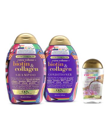 OGX Thick & Full + Biotin & Collagen Extra Strength Volumizing Shampoo + Conditioner with OGX Extra Strength Damage Remedy + Coconut Miracle Oil Penetrating Hair Oil Treatment 3.3 fl oz