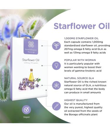 Starflower Oil 1 000mg (90 Capsules) | Healthspan | Richest Source of Gamma-Linolenic Acid (GLA) | Women's Health | 207mg GLA & 131mg Omega 9 Fatty Acids Per Capsule | Vegan - Buy Online on GoSupps.com