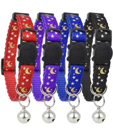 Upgraded Version - Cat Collar Stars and Moon, 4-Pack, Reflective with Bell, Solid & Safe Collars for Cats, Nylon, Kitty Collars, Pet Collar, Breakaway Cat Collar, Free Replacement Black, Red, Blue, Purple