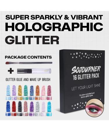 Chunky Holographic Rainbow Glitter I 16 Colors + Glitter Glue for Face Glitter Makeup, Hair, Eye & Fine Glitter Eyeshadow - Perfect for Festivals, Slime, Resin, Tumblers, Craft, Cosmetic & Nail Art 16 Pack Holographic Glitter - Buy Online on GoSupps.com