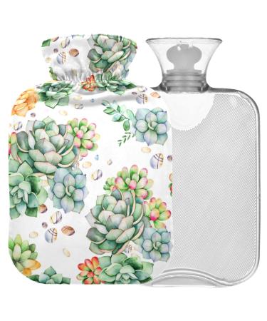 NAANLE hot water bottle with cover watercolor succulents transparent hot water bottle 2 l large warm-up bag for menstrual cramps pain relief hand foot heat and cold therapy
