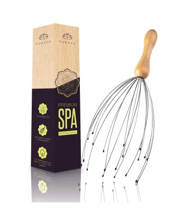 PURAVA (Original - Premium Head Massager with Wood Handle and Improved Design - Scalp Scratcher Massage with 20 Fingers for Relaxation and Scalp Stimulation - Head Massager Tool Ideal as a Gift Pack of 1 Wood