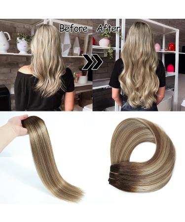 Ugrace Real Hair Extensions with Invisible Fishing Cord 14 Inch Balayage Highlights in Light Brown Ash Brown & Hydrogen Blonde 70g Smooth Hair for Women - Buy Online on GoSupps.com