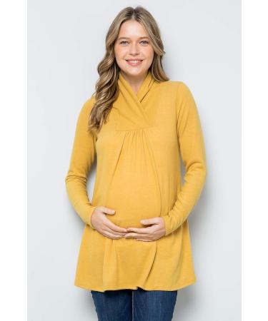 Maternity Knit Sweater - High Neck Shawl Collar Tunic Top | Mustard, Size L | Made in USA - Buy Online on GoSupps.com